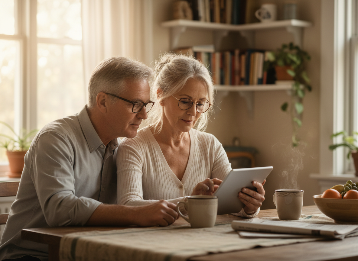 A couple in their sixties reading together on a tablet at the kitchen table