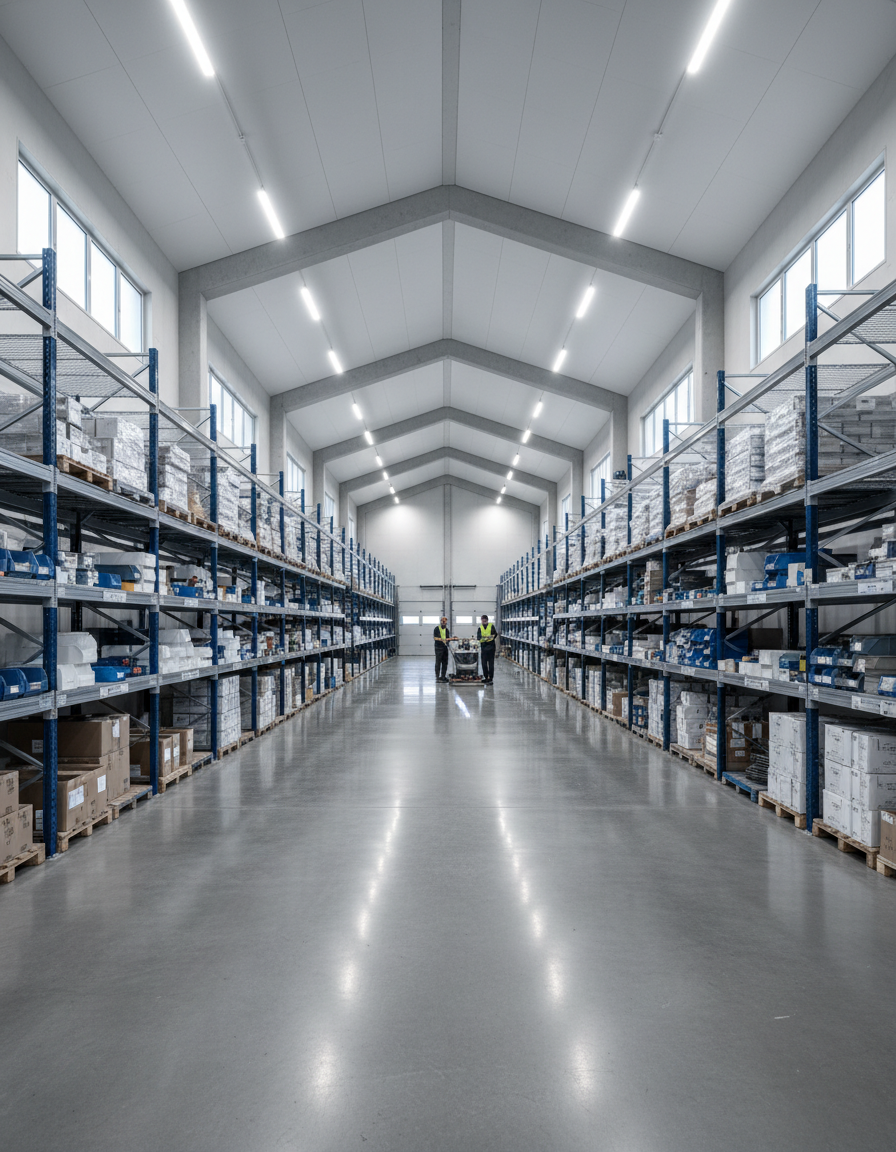 Clean warehouse with polished concrete floors and organized racking