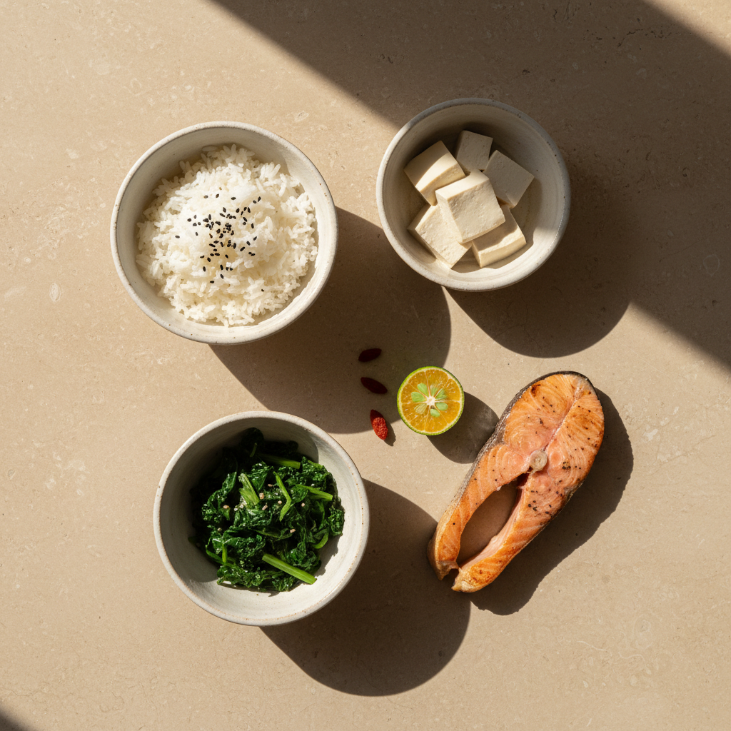 Ceramic bowls of rice, tofu, leafy greens, sesame and calamansi on warm stone