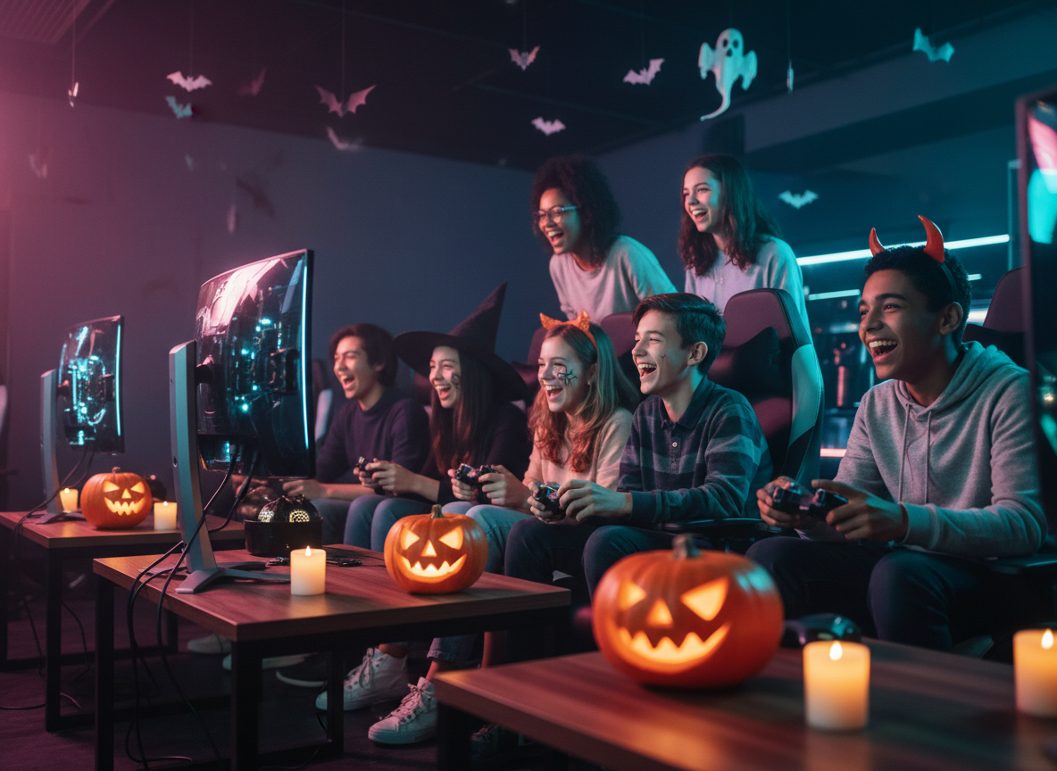 Teens in Halloween accessories laughing and competing at gaming consoles beside candlelit pumpkins