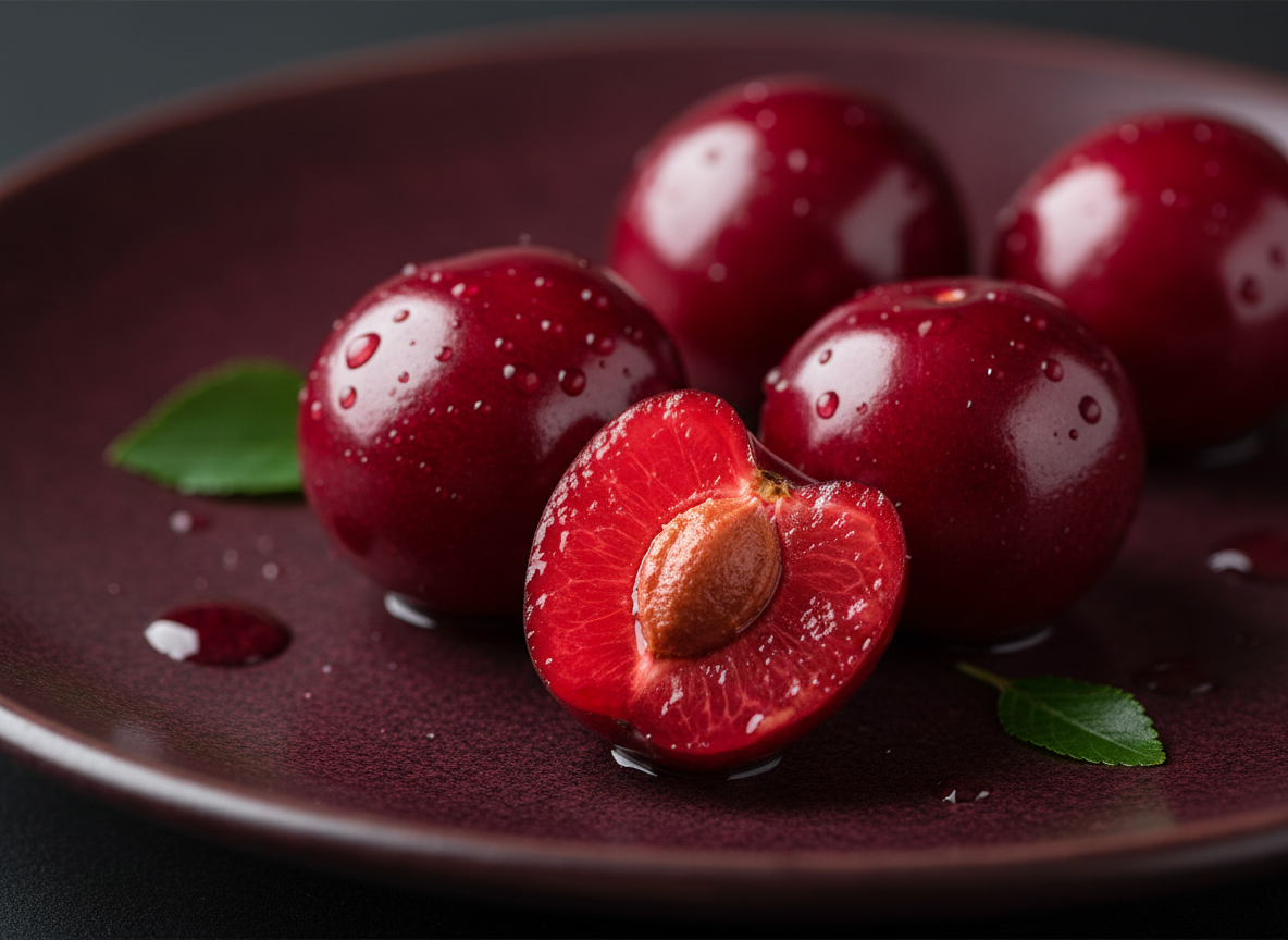 Close-up of fresh tart cherries with one cut in half showing deep red flesh