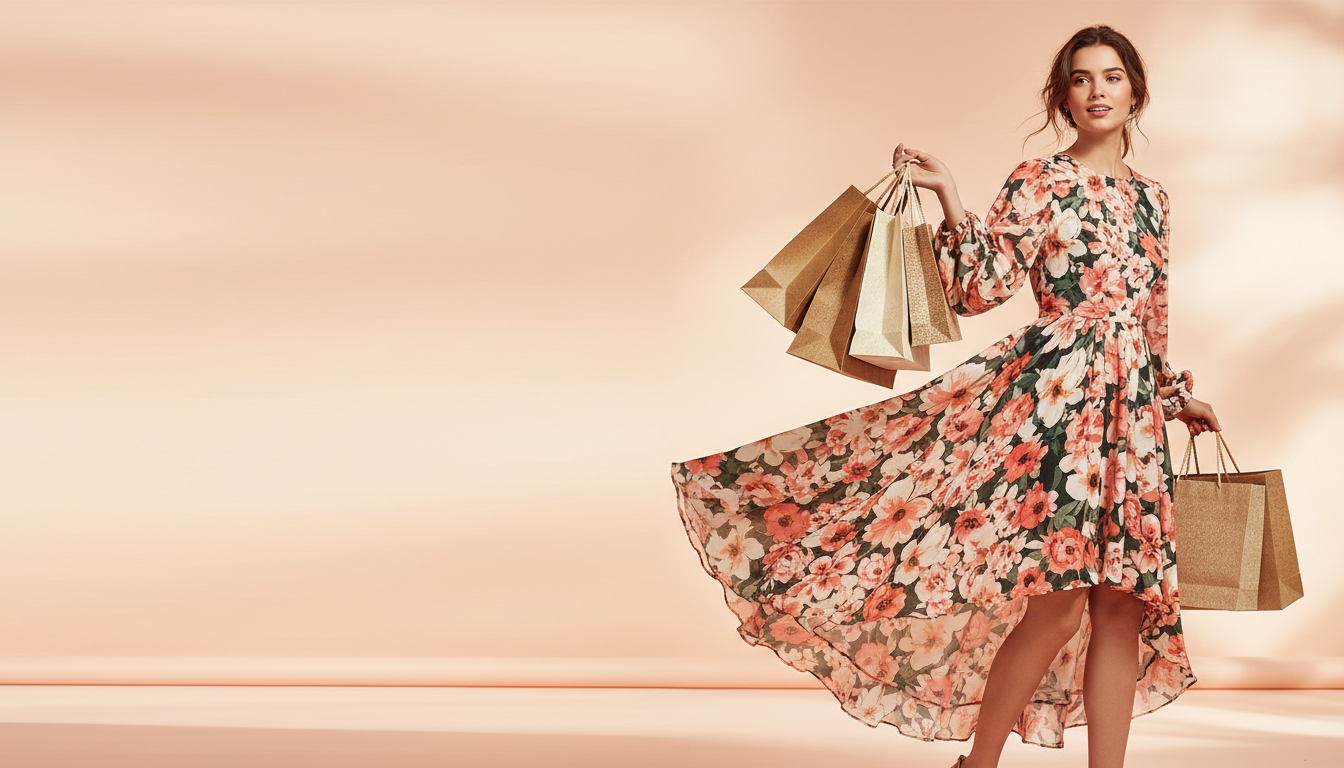 Woman in a floral dress holding shopping bags