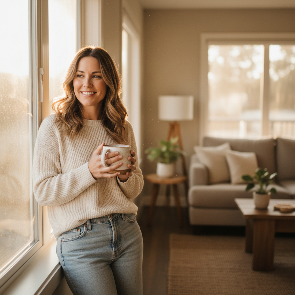 Woman smiling by a sunlit window