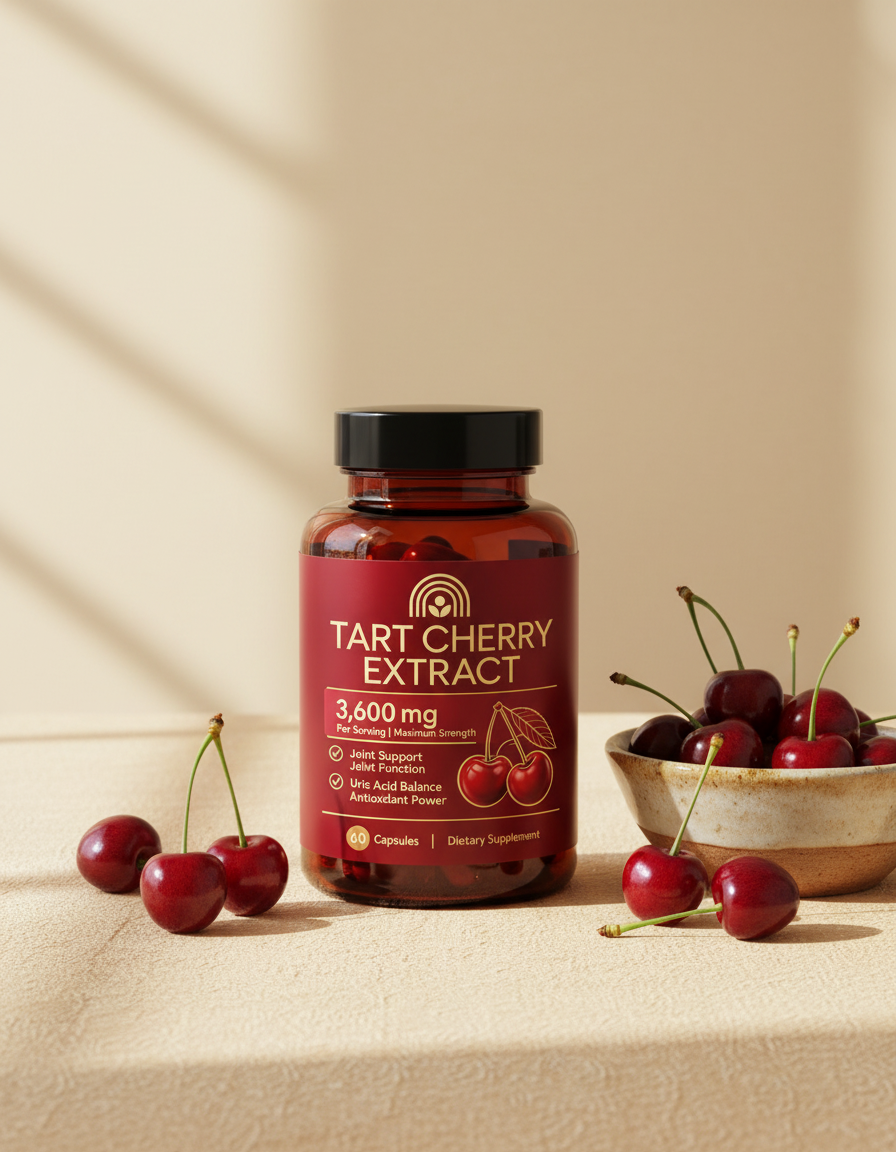 Vessara Tart Cherry Extract bottle on cream linen surrounded by fresh tart cherries