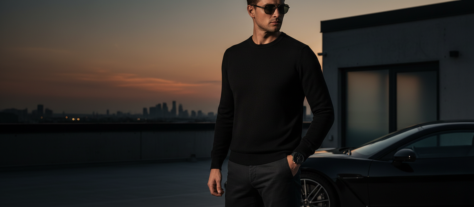 Man in a black knit on a rooftop at sunset wearing the A/M LUXURY black and gold mesh watch