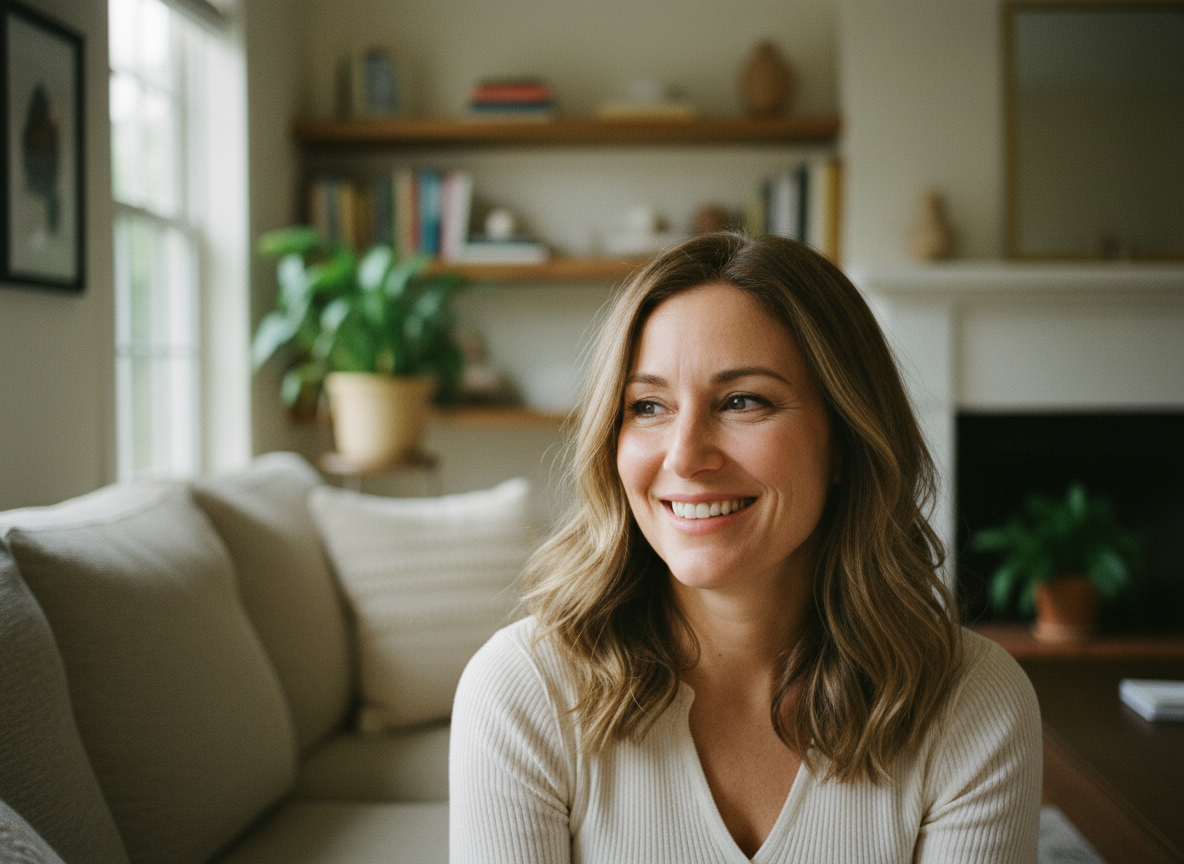 Smiling woman with smooth, radiant skin