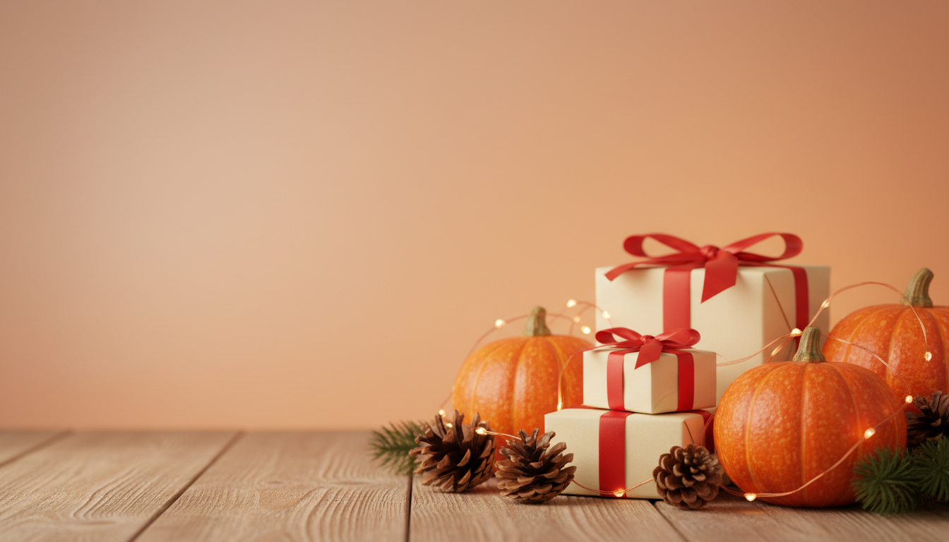 Pumpkins, wrapped gifts and warm string lights