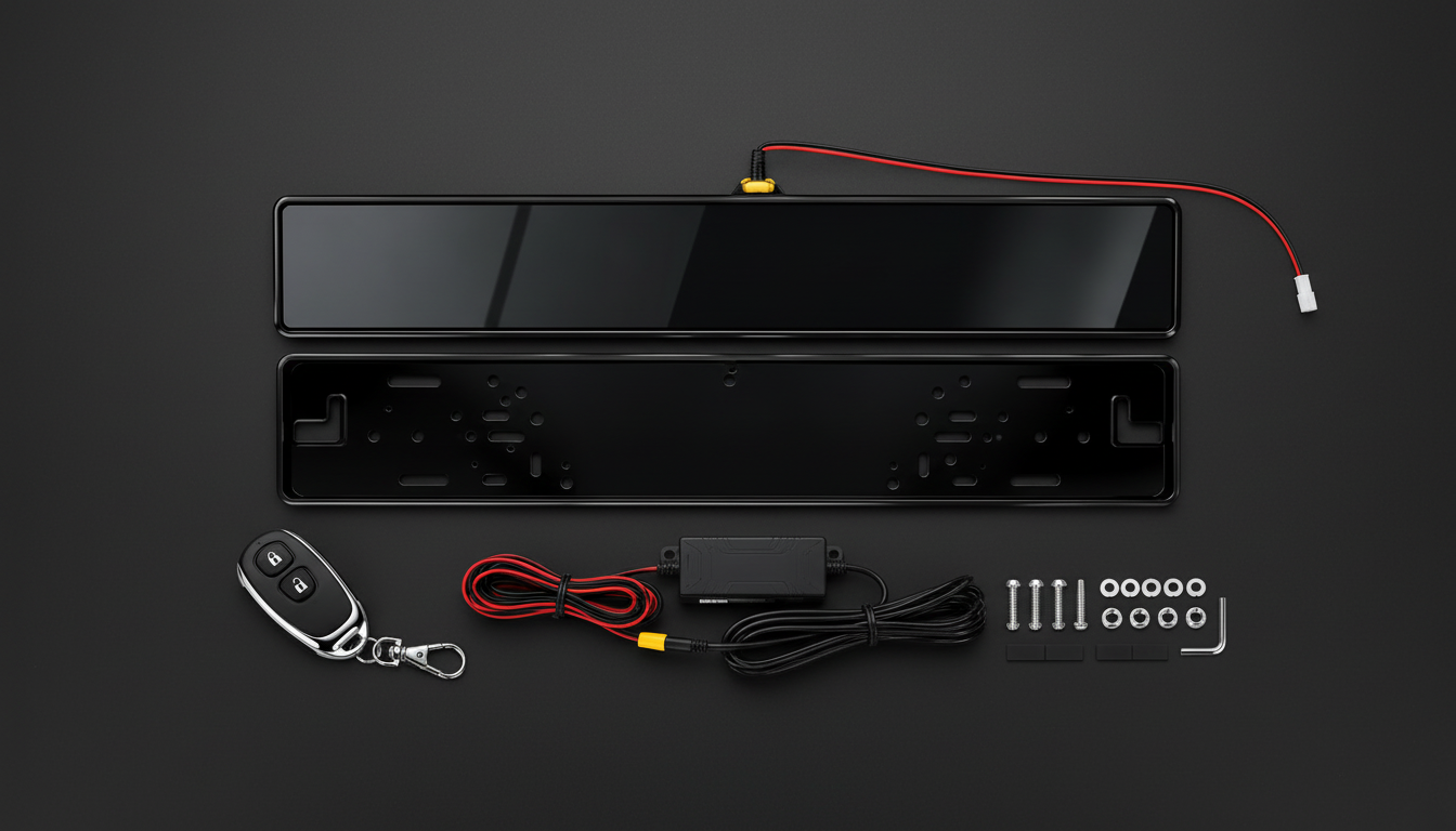 Flat lay of the Smart Tint Number Plate kit: plate, mounting frame, control module with wiring, remote and mounting hardware