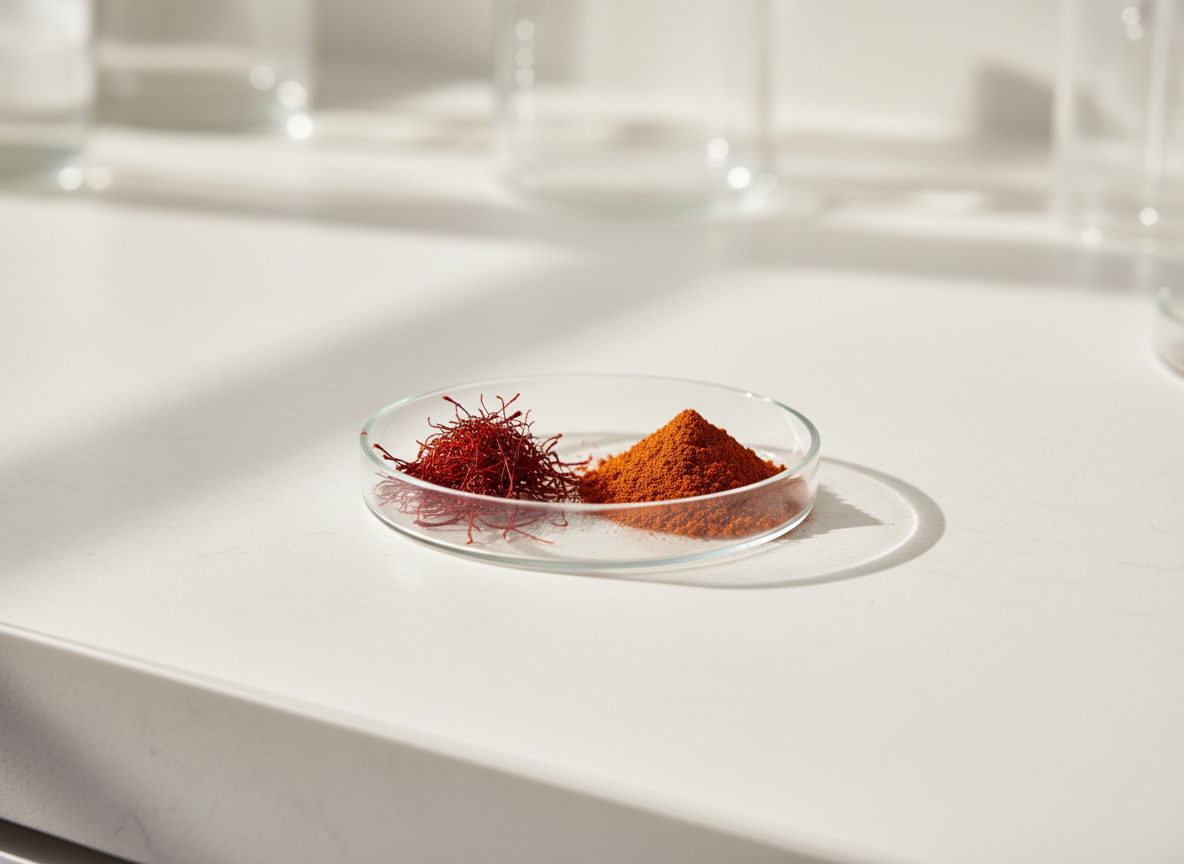 Saffron threads and extract powder in a glass dish