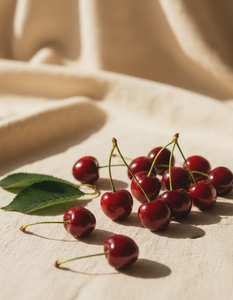 Fresh tart cherries with stems on ivory linen