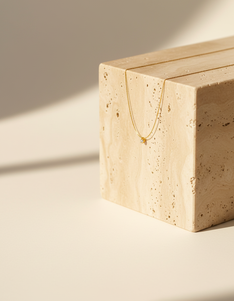 Delicate gold choker with a single diamond draped over a travertine block in soft morning light