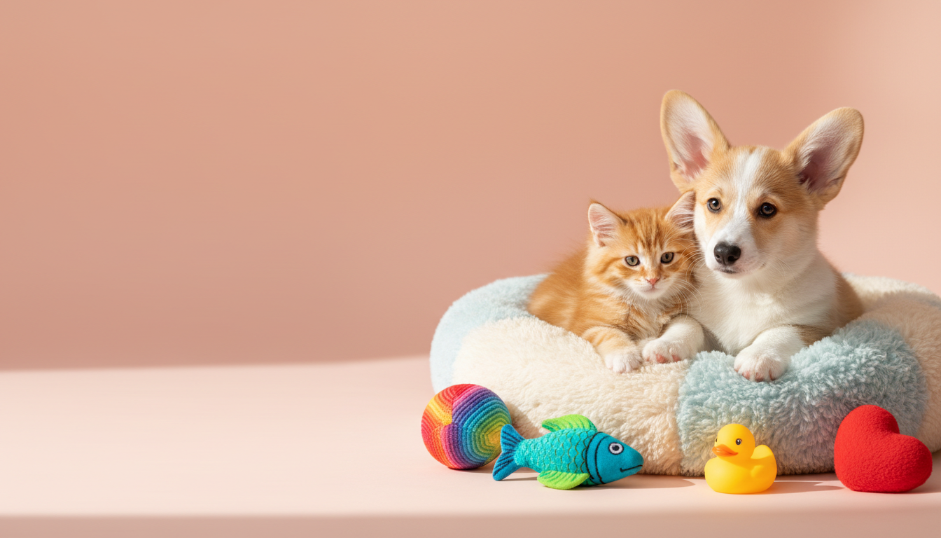 Corgi puppy and kitten with colorful pet toys