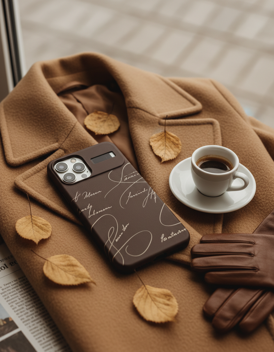 Chocolate brown sotto voce phone case with cream handwriting on a camel wool coat beside an espresso, leather gloves and autumn leaves