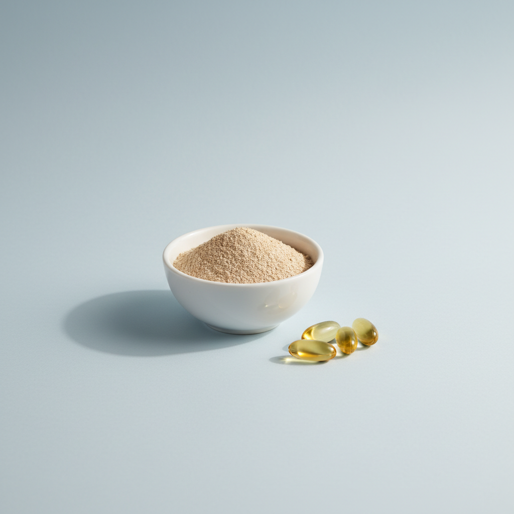 Polvere di lievito e capsule di vitamina E
