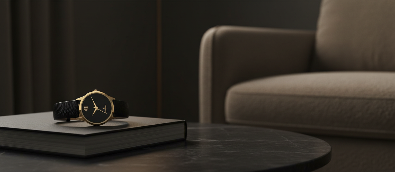 A/M LUXURY gold-tone dress watch with black leather strap resting on a book on a dark marble table