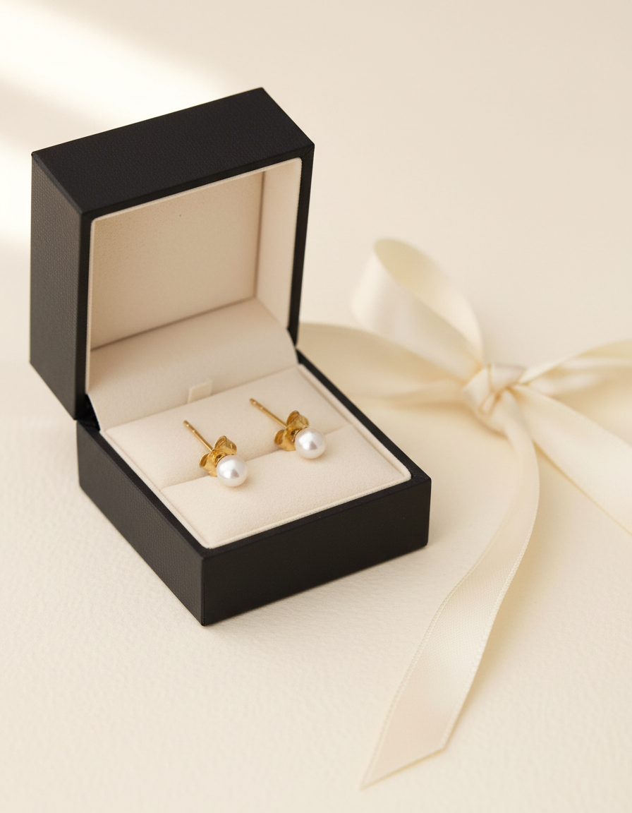 Gold freshwater pearl stud earrings in an open black jewelry box