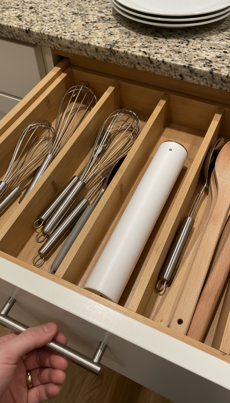 Handheld vacuum sealer stored in a kitchen utensil drawer