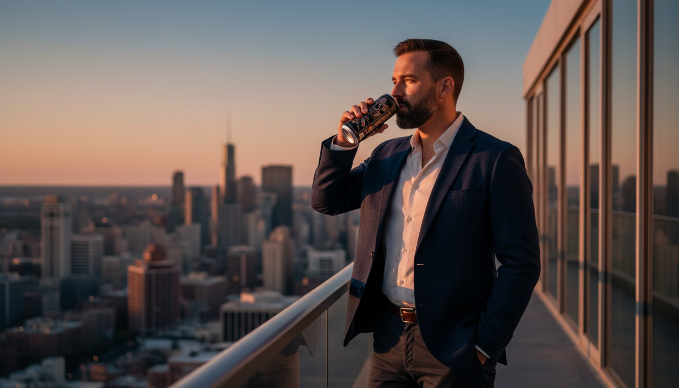 Founder in a navy blazer sipping a Wyse can on a high-rise balcony at sunset