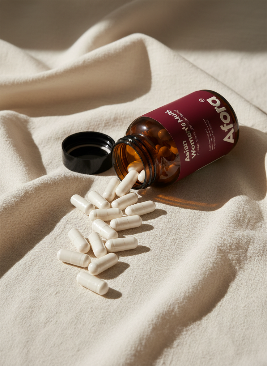 White capsules spilling from an Afora Asian Women's Multi bottle onto ivory linen