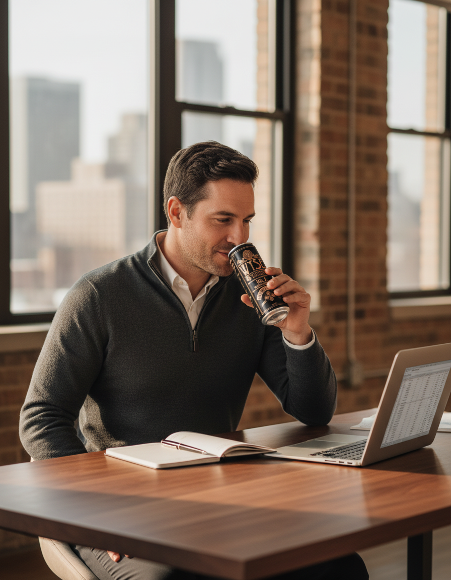 Entrepreneur in a charcoal quarter-zip enjoying a Wyse can at his office desk