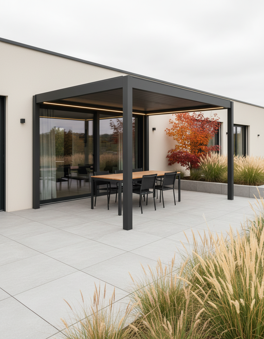 Matzwarte Skyggo pergola met gevelmontage tegen een moderne woning