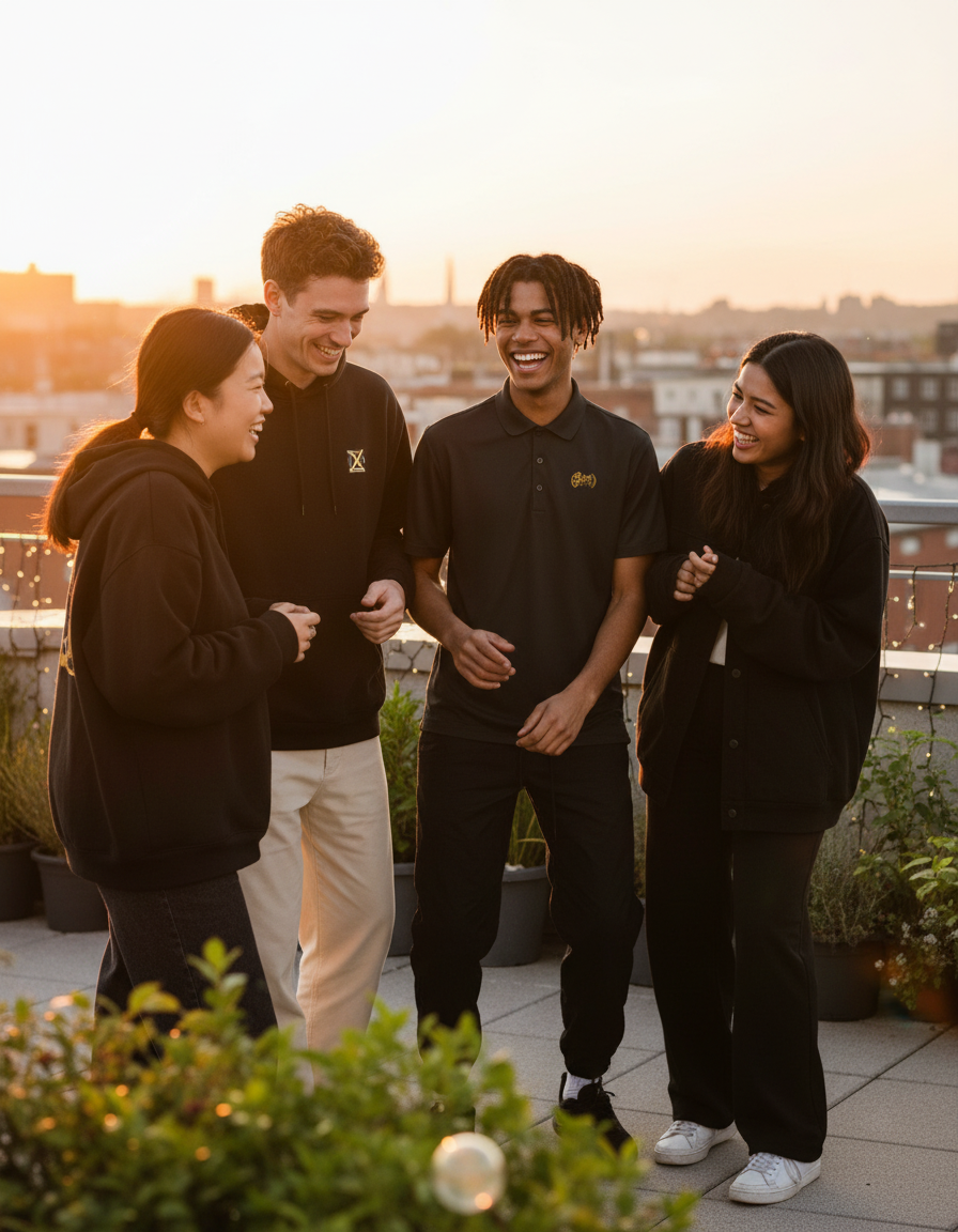 Friends laughing together on a sunlit rooftop wearing GT4L streetwear