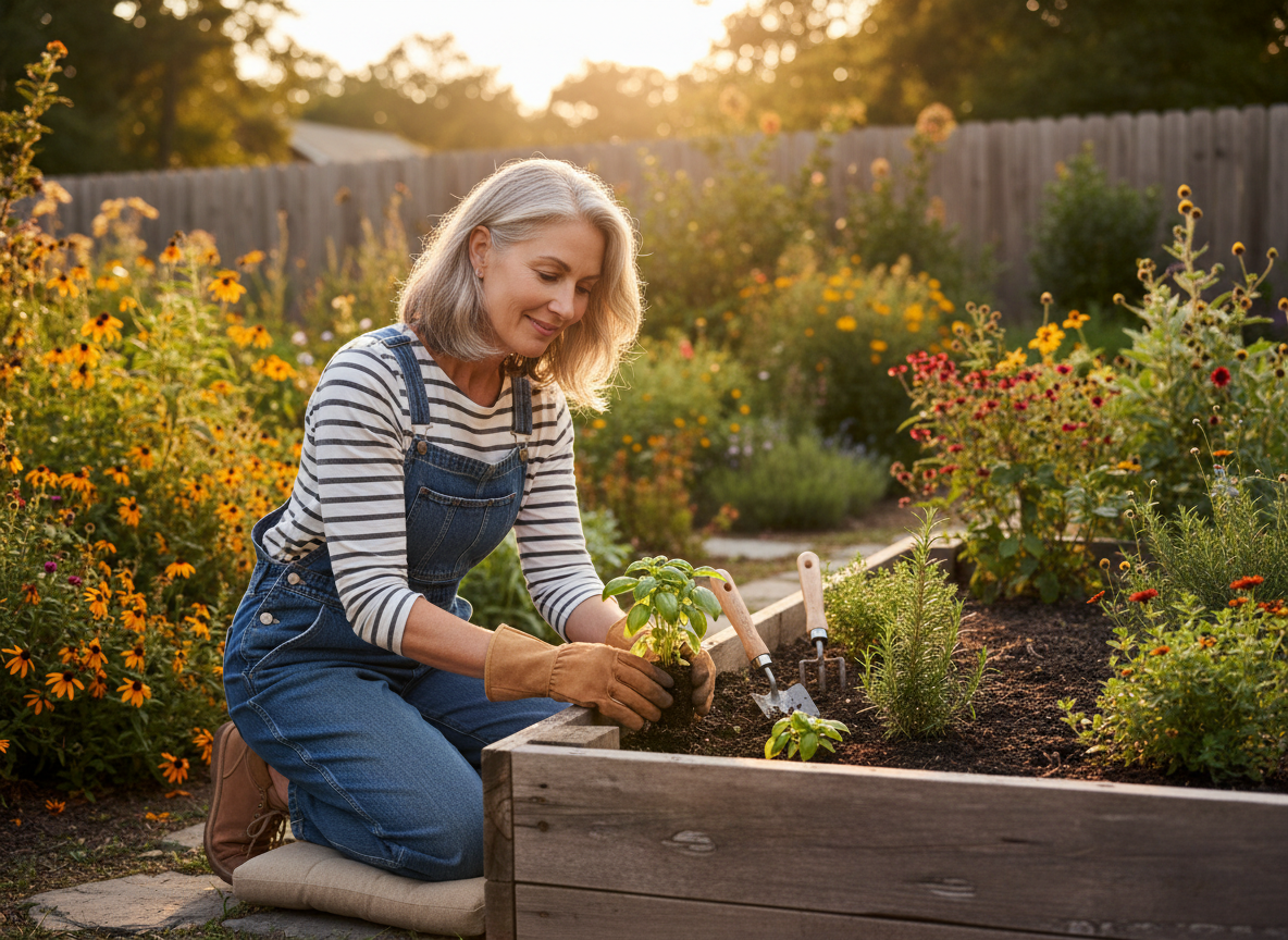 A woman in her sixties planting herbs in a raised garden bed