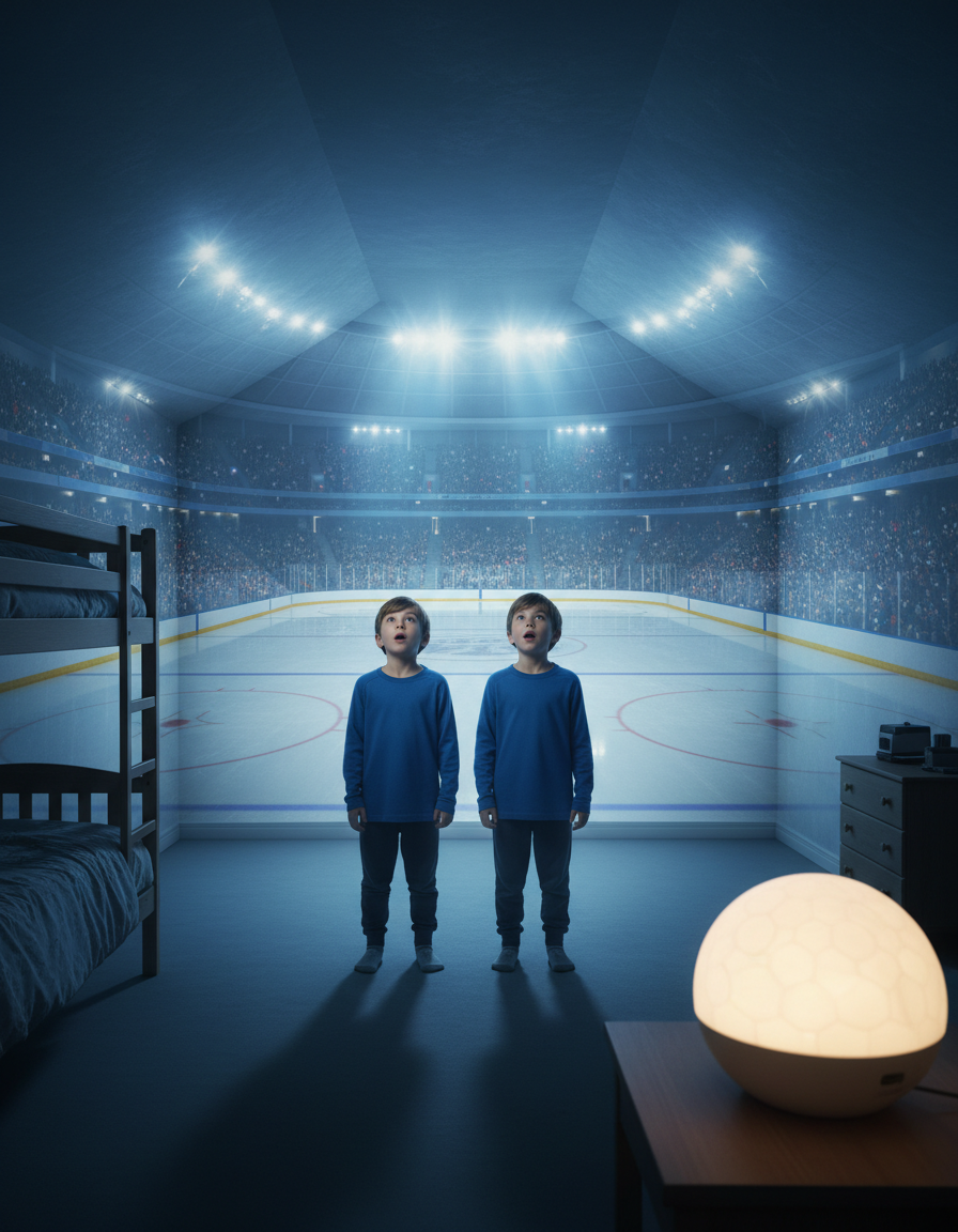 Two kids standing in a bedroom turned into a hockey stadium