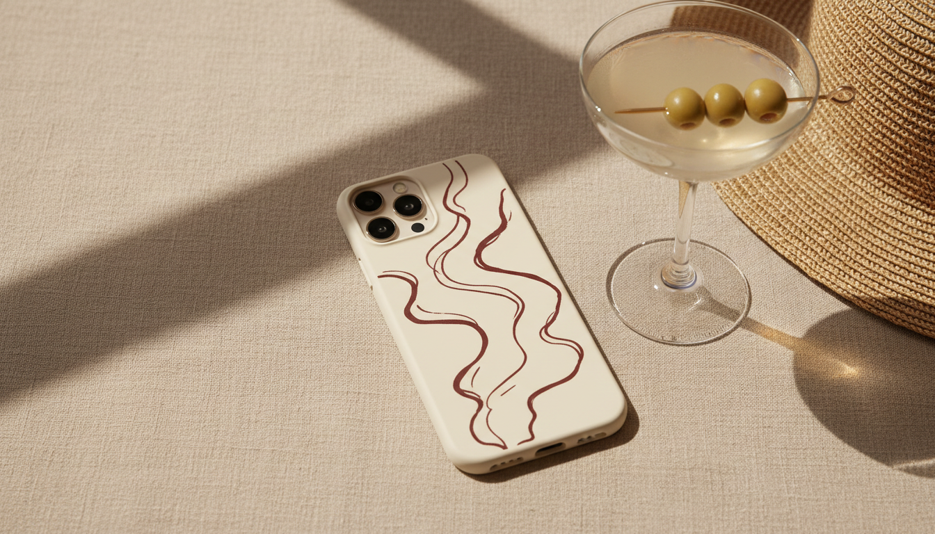 iPhone in a cream sotto voce case with flowing oxblood ink lines on beige linen, beside a dirty martini coupe with olives and a straw hat in soft window light