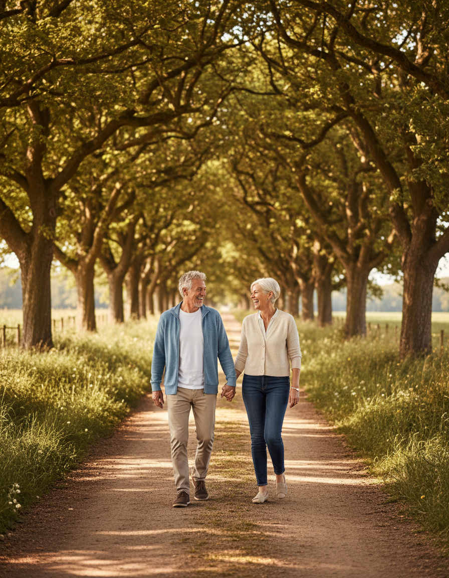 Couple in their sixties walking hand in hand along a sunny country path