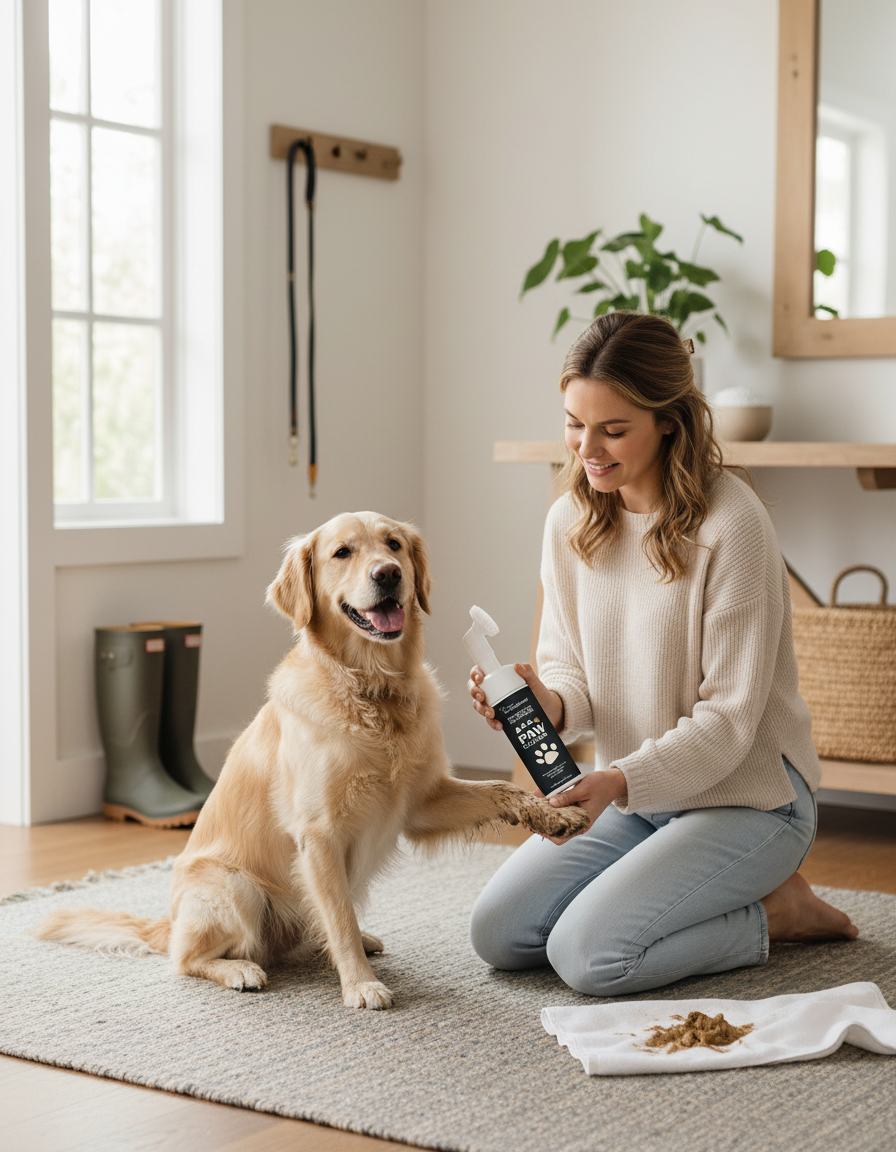 An owner cleaning a dog paw with foam at the front door after a walk