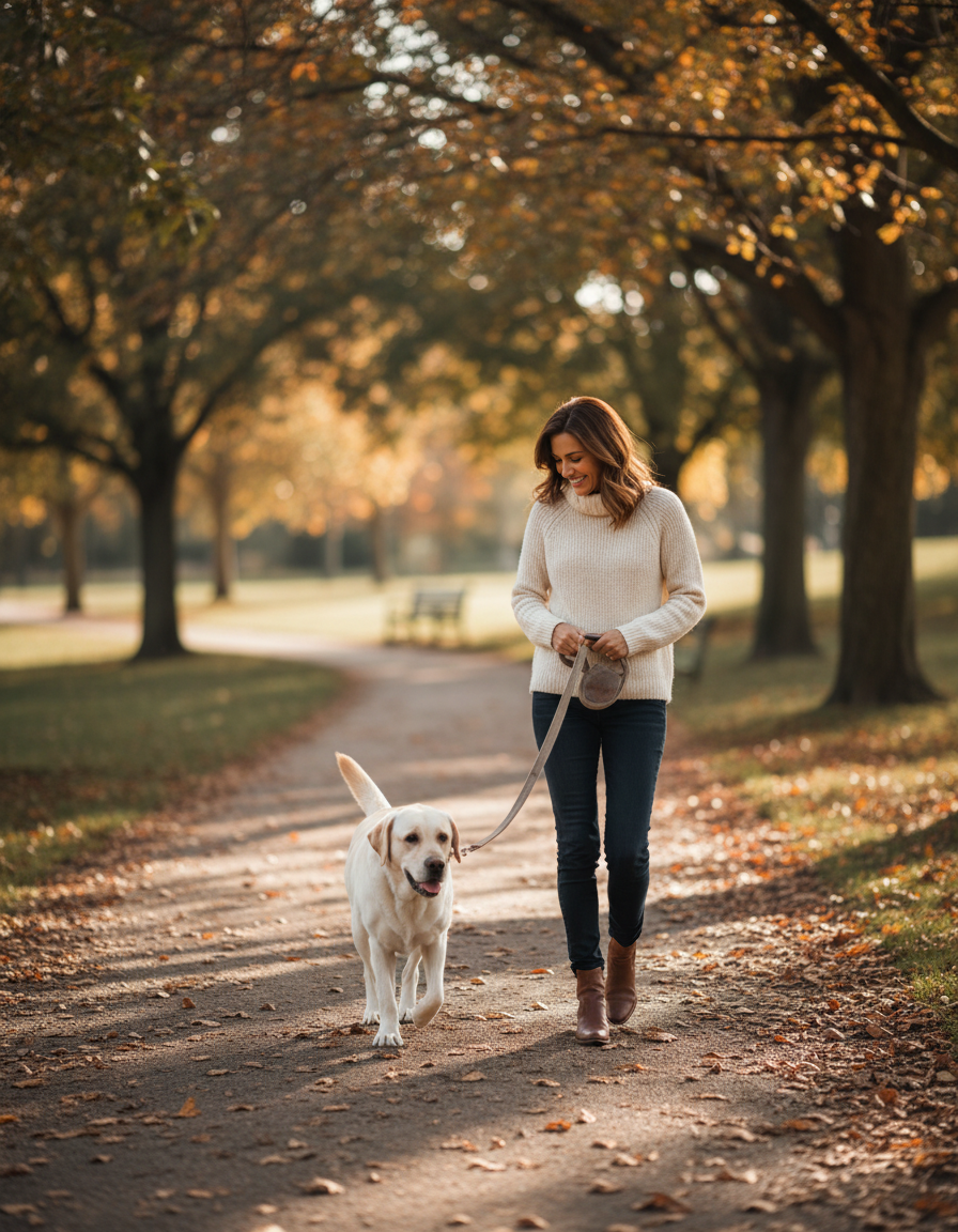 A dog owner walking a happy labrador on a leash through an autumn park