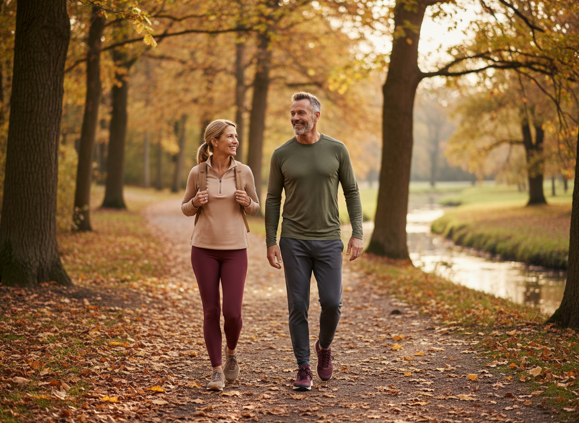 Mature man and woman smiling after a brisk walk on a park trail
