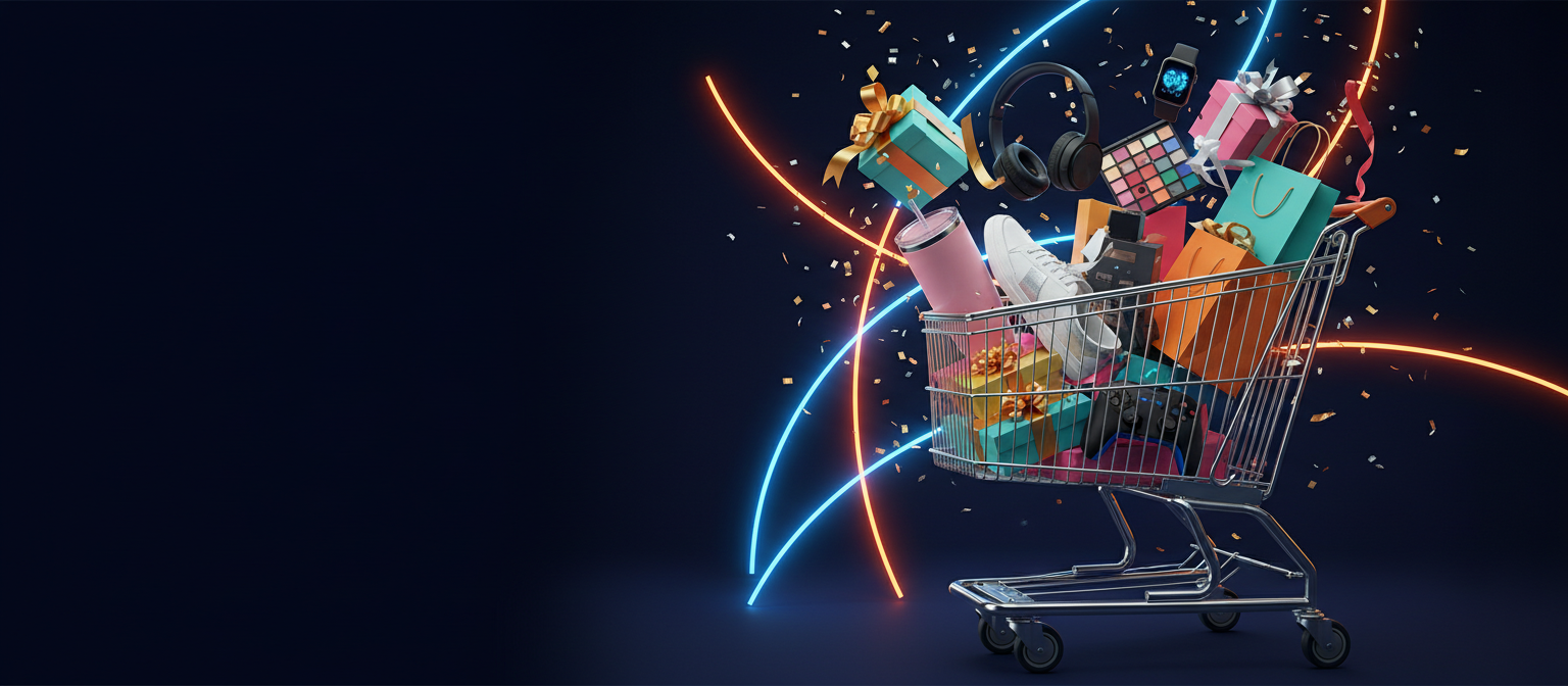 Shopping cart overflowing with gifts, gadgets, sneakers and beauty products