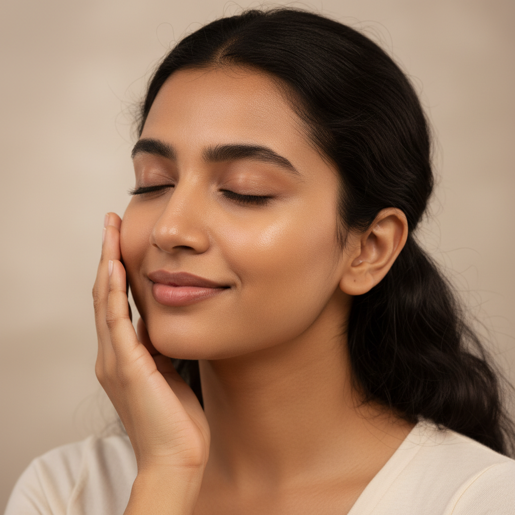Woman gently touching her cheek, relaxed