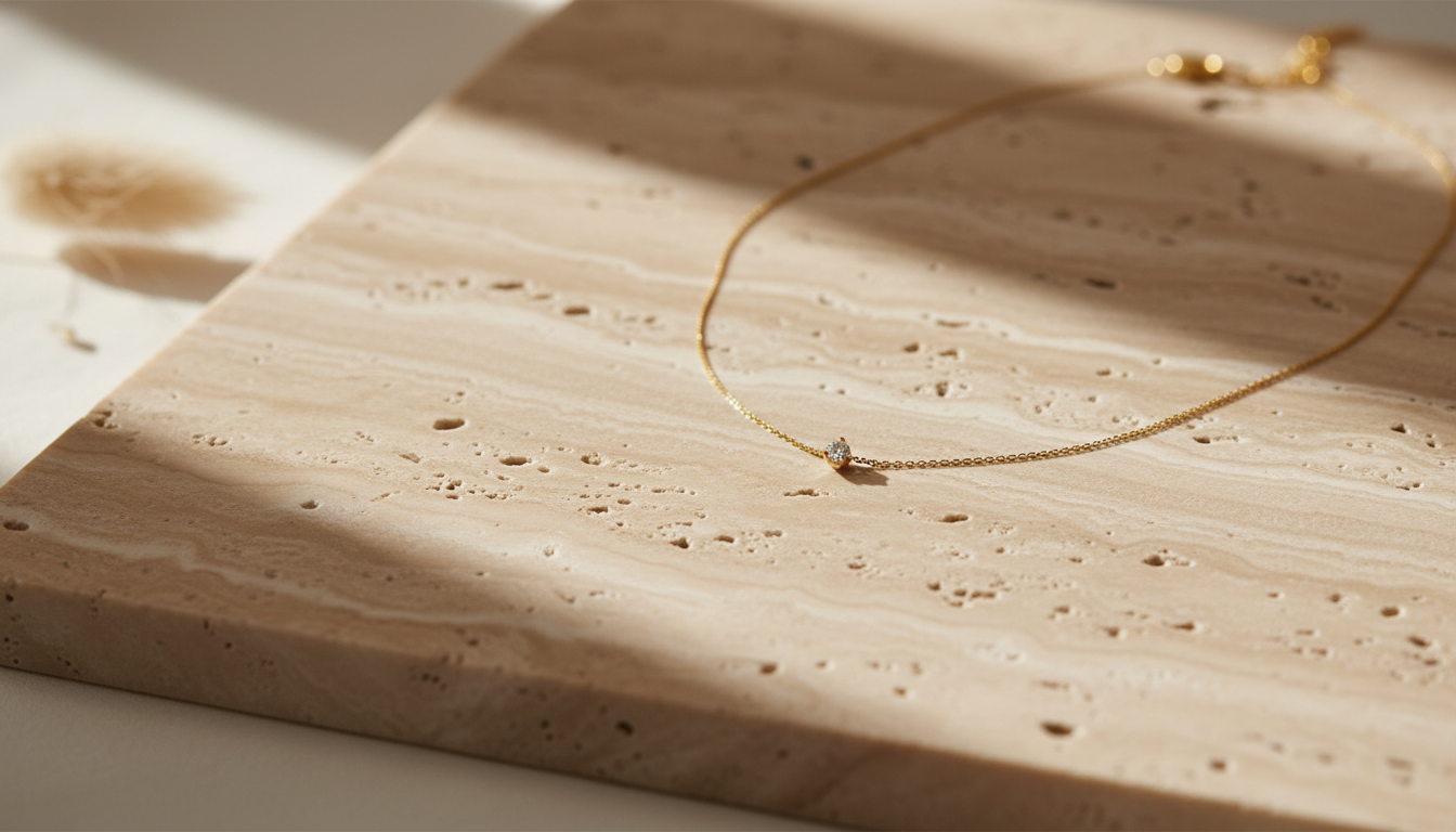 Delicate gold choker with a single diamond resting on travertine stone in soft morning light