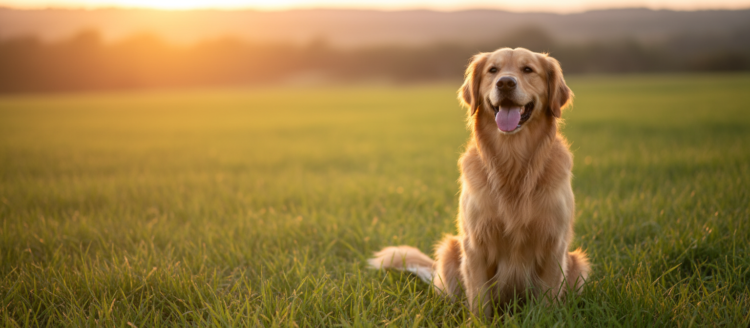 A happy golden retriever sitting in a sunlit meadow at golden hour
