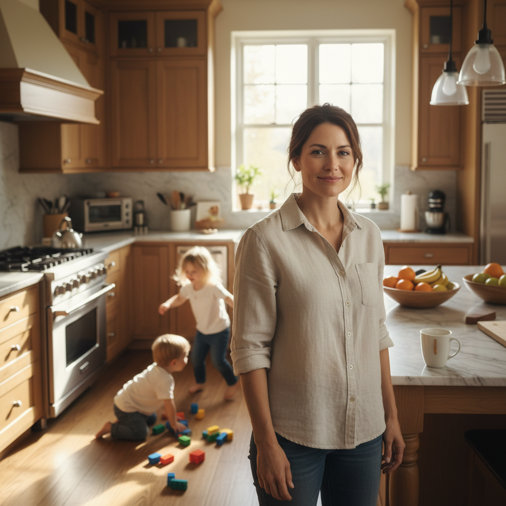 Mother smiling calmly in a busy kitchen