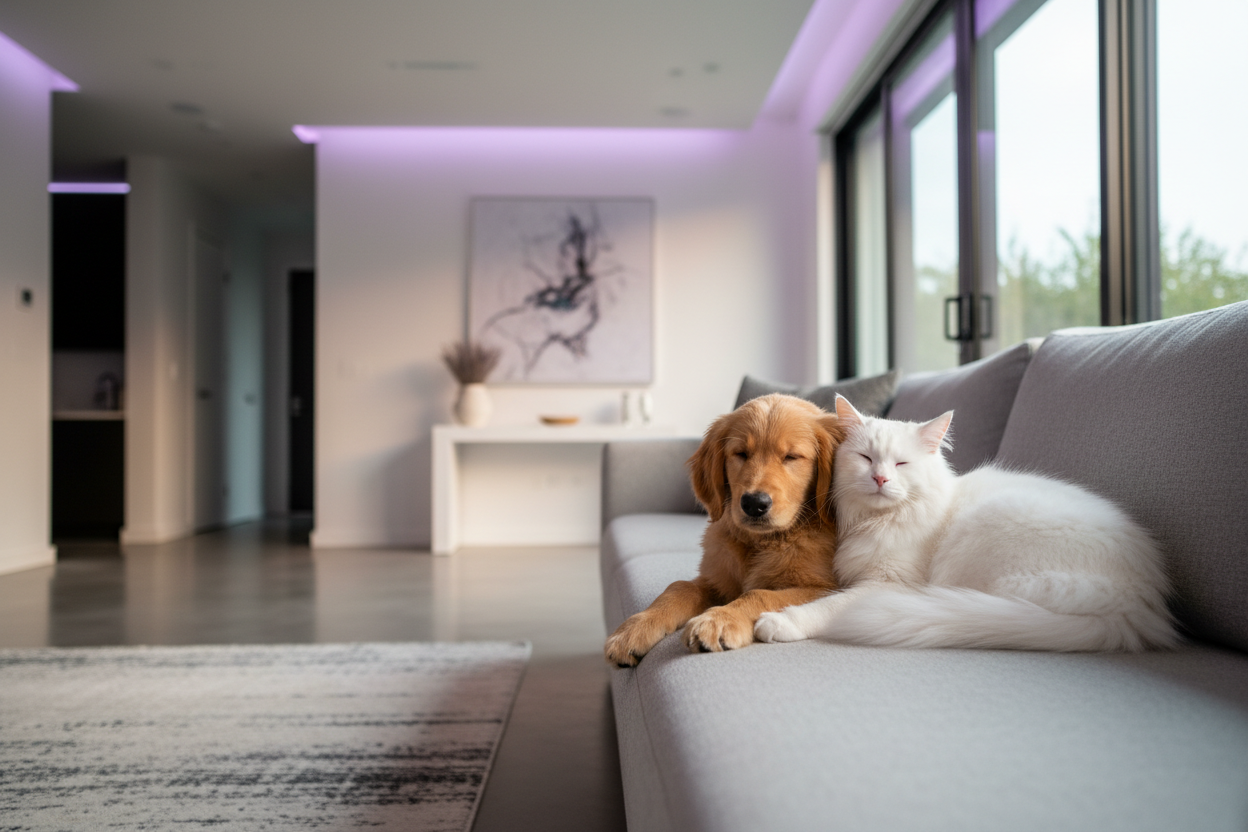 Golden retriever puppy and white cat cuddling on a sofa in a bright modern home