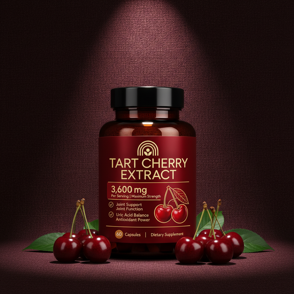 Vessara Tart Cherry Extract bottle with fresh tart cherries under soft light