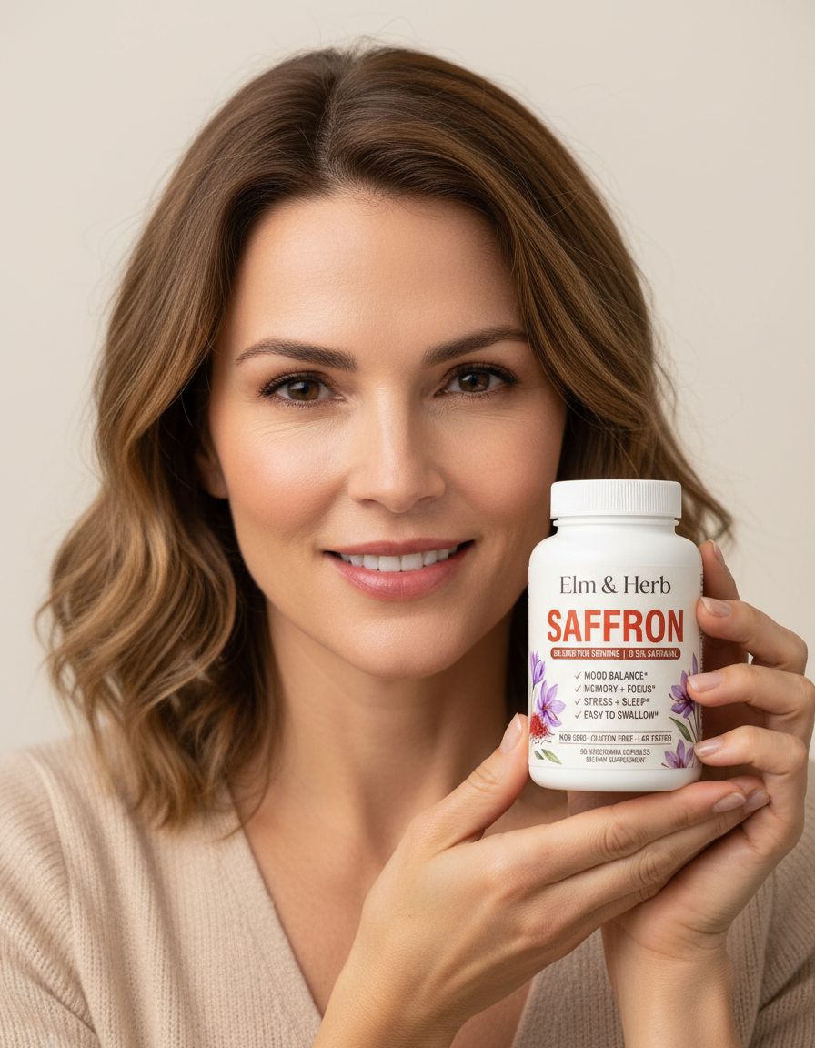 Smiling woman holding a bottle of Elm & Herb Saffron