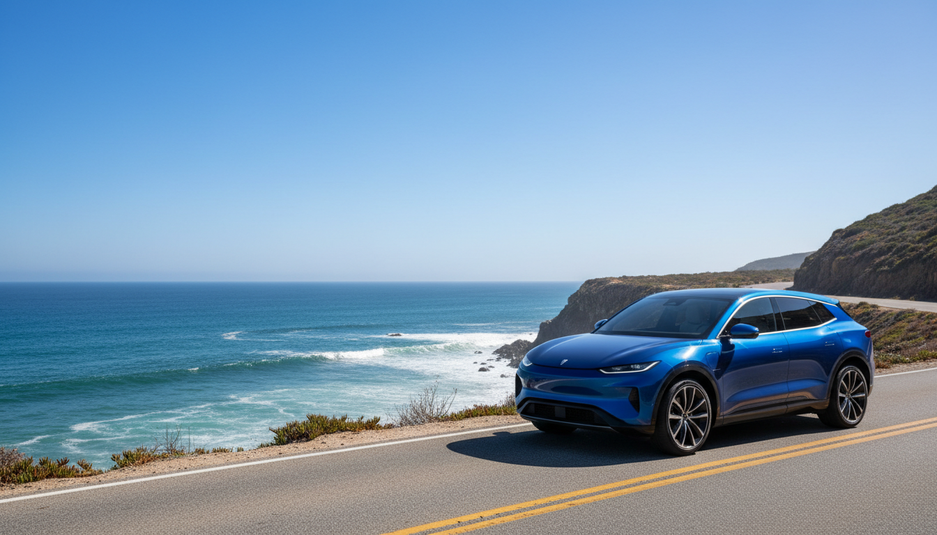 Blue SUV parked on a sunny coastal road