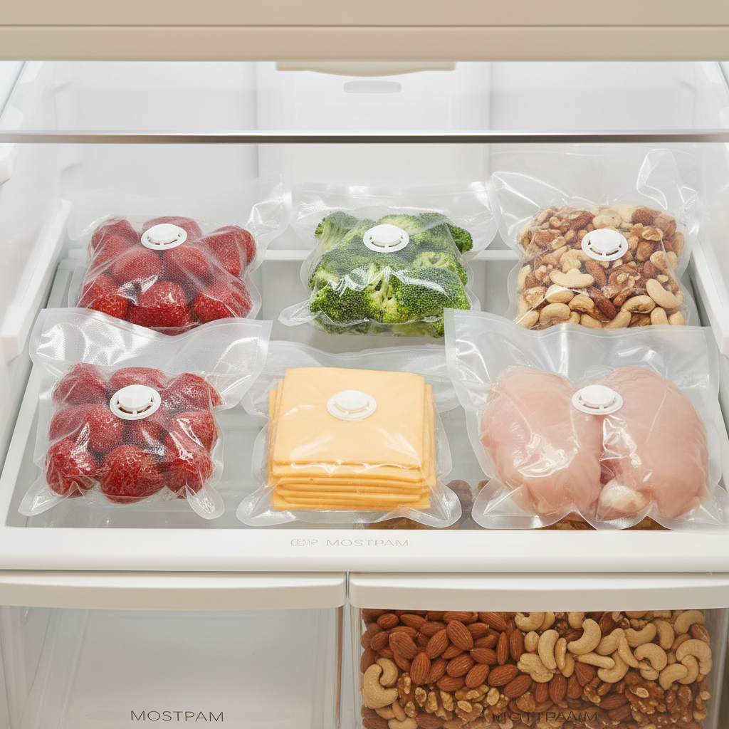 Fridge shelf organized with vacuum-sealed bags of fruit, vegetables and meat