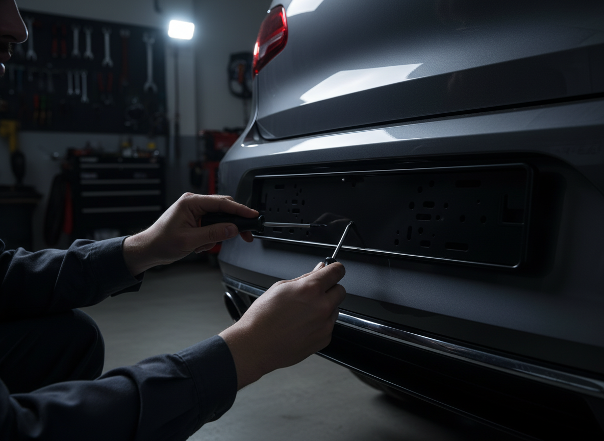 Technician mounting the plate frame onto a car's rear bumper