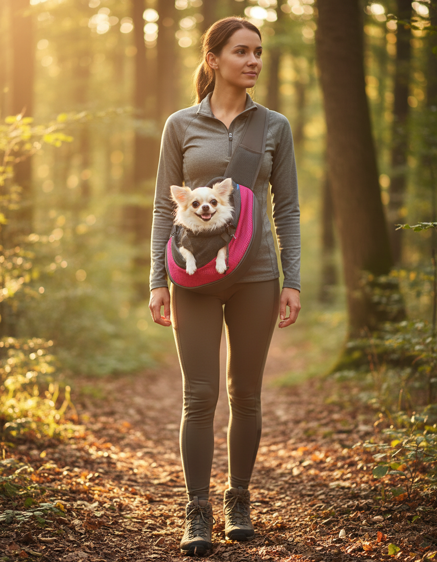 A woman hiking a forest trail with a small dog in a sling carrier