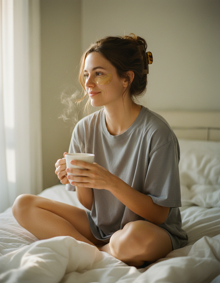 Woman relaxing on her bed with golden under-eye patches and a coffee