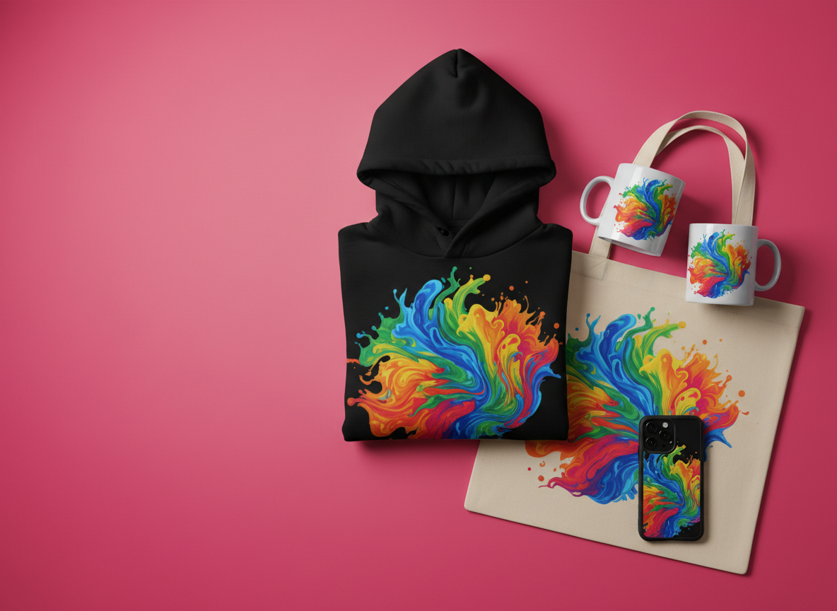 Custom printed hoodie, mugs and tote bag on a pink backdrop