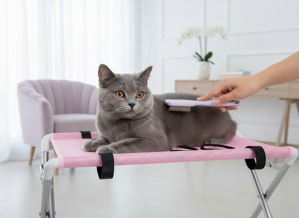 Grey shorthair cat relaxing on the grooming hammock while being brushed