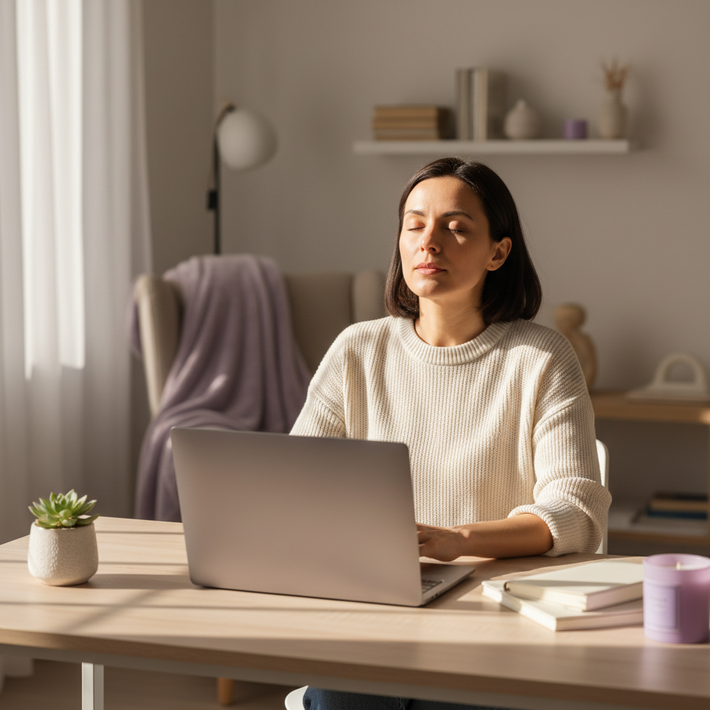 Woman taking a calm breath at her desk