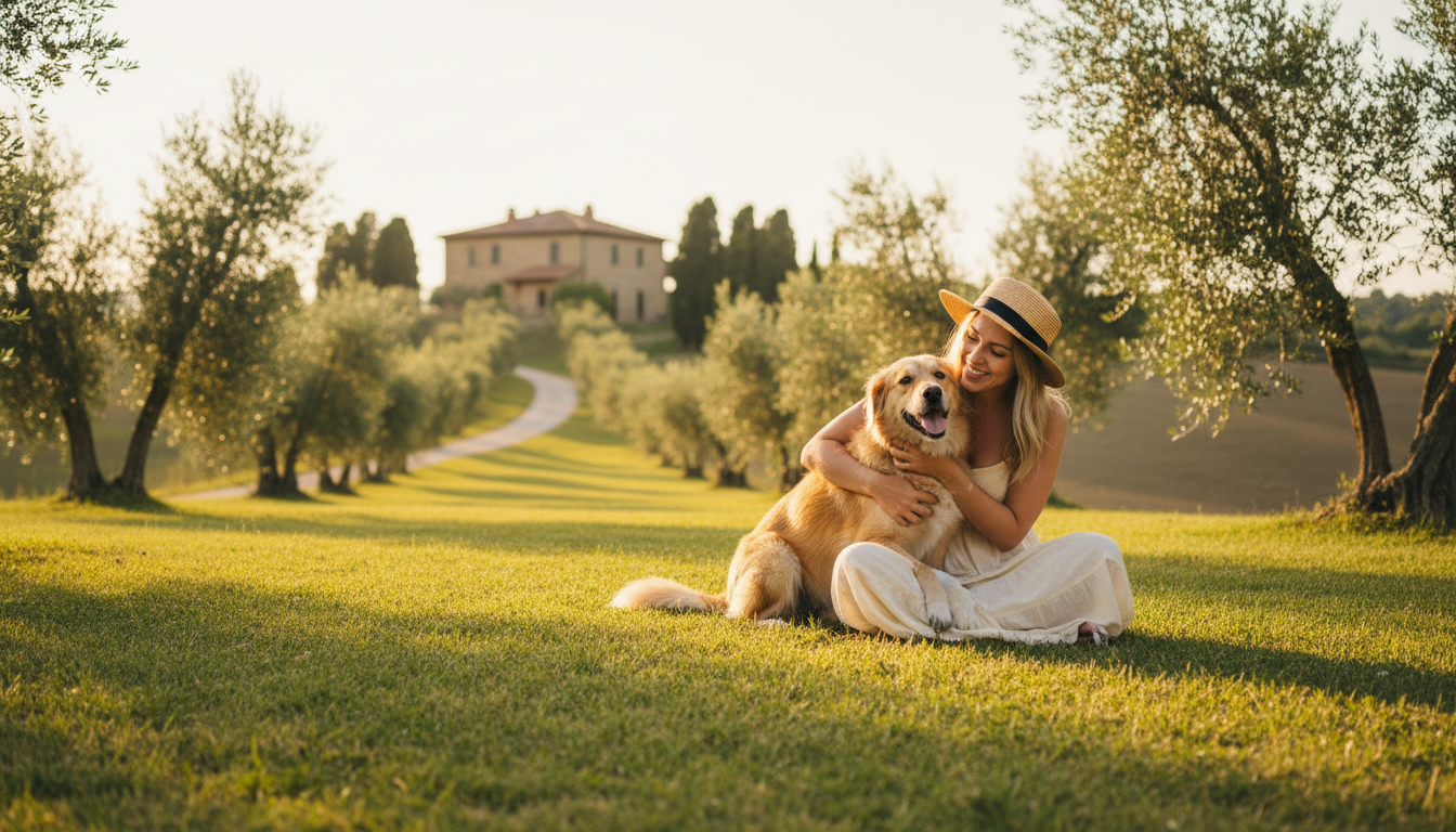 Donna sorridente seduta sul prato che abbraccia il suo cane felice